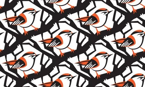 Seamless pattern with black and orange birds sitting on branches Stock Illustration