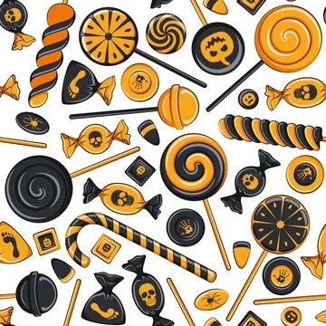 Seamless pattern of black and orange sweets, candies and lollipops for Halloween Stock Illustration