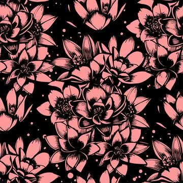 Seamless pattern of black and pink flowers on a black background, texture, .. Stock Illustration
