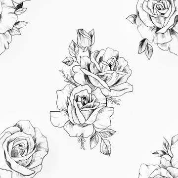 Seamless pattern of a black and white rose on a white background. Stock Illustration