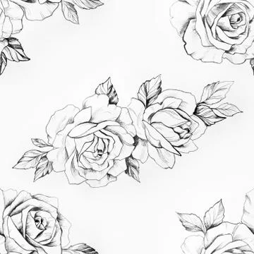 Seamless pattern of a black and white rose on a white background. Stock Illustration