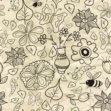 Seamless pattern with black-and-white leaves and insects Stock Illustration