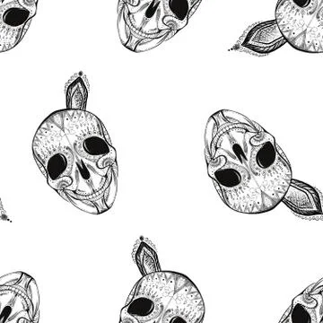 Seamless pattern. black and white skull with elements around Stockillustratie