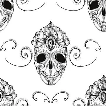 Seamless pattern. black and white skull with elements around Stock Illustration