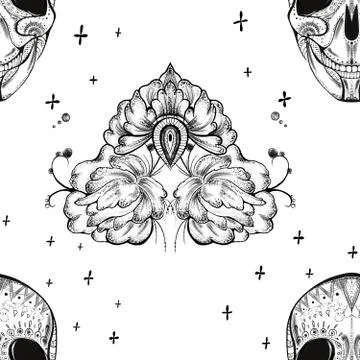 Seamless pattern. black and white skull with elements around Illustrazione stock