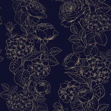 Seamless pattern of black and white style flowers for fabric design. Beautiful Stock Illustration
