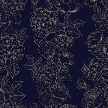 Seamless pattern of black and white style flowers for fabric design. Beautiful Stock Illustration