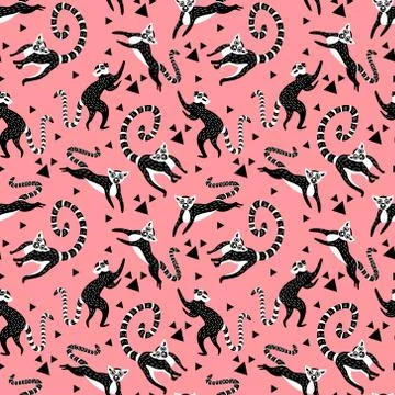 Seamless pattern with black and white lemurs Stock Illustration