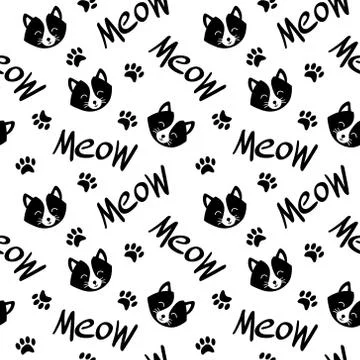 Seamless pattern with black and white cat faces Stock Illustration