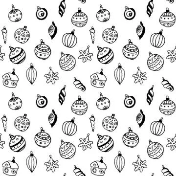 Seamless pattern of black and white linear drawings of christmas toys 库存插图