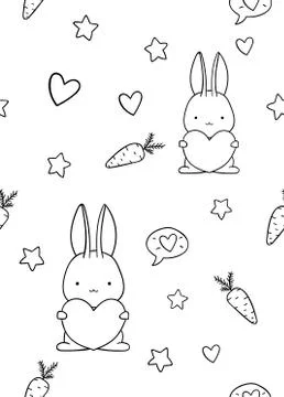 Seamless pattern, black and white cute hand drawn bunny, carrot, stars, heart Stock Illustration