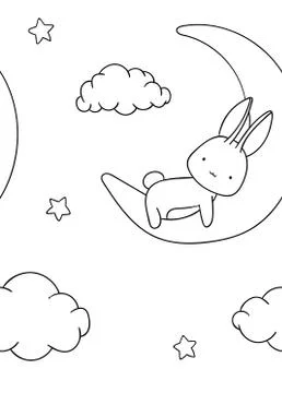 Seamless pattern, black and white cute hand drawn bunny, cloud, moon doodle,  Stock Illustration