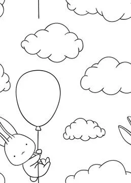 Seamless pattern, black and white cute hand drawn bunny, cloud, air balloon d Illustrazione stock
