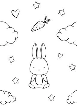 Seamless pattern, black and white cute hand drawn bunny, cloud, stars, heart  Stock Illustration