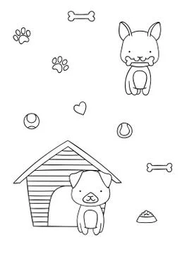 Seamless pattern, black and white cute hand drawn dog doodle, coloring pages Stock Illustration