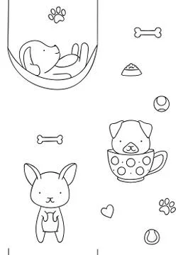 Seamless pattern, black and white cute hand drawn dog doodle, coloring pages Stock Illustration