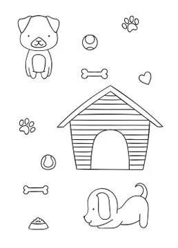 Seamless pattern, black and white cute hand drawn dog doodle, coloring pages Stock Illustration