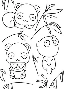 Seamless pattern, black and white cute hand drawn panda doodle, coloring pages Stock Illustration