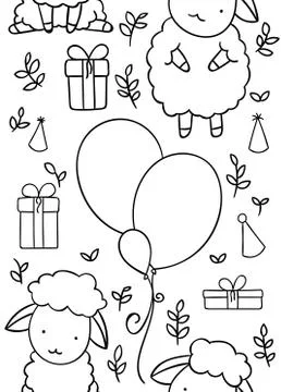 Seamless pattern, black and white cute hand drawn sheepand air balloon and gift Stock Illustration