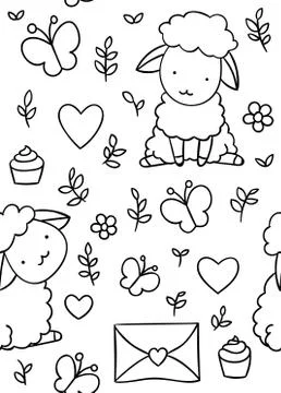 Seamless pattern, black and white cute hand drawn sheep and heart and butterfly Stock Illustration