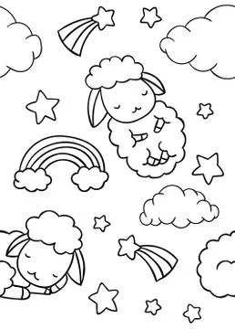 Seamless pattern, black and white cute hand drawn sheep cloud and star doodle Stock Illustration