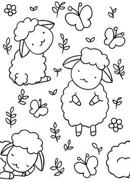Seamless pattern, black and white cute hand drawn sheep and butterfly doodle Stock Illustration