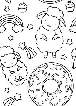 Seamless pattern, black and white cute hand drawn sheep and star and donut Illustrazione stock