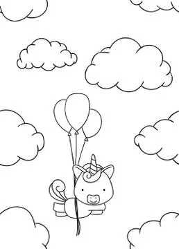 Seamless pattern, black and white cute hand drawn unicorn and cloud doodle Stock Illustration