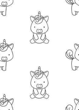 Seamless pattern, black and white cute hand drawn unicorn doodle, coloring pages Stock Illustration