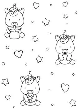 Seamless pattern, black and white cute hand drawn unicorn stars and heart doodle Stock Illustration