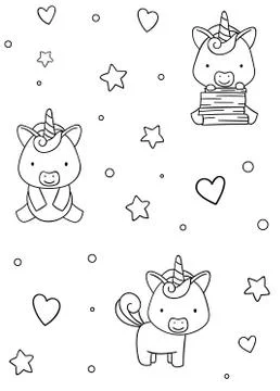 Seamless pattern, black and white cute hand drawn unicorn stars and heart doodle Stock Illustration
