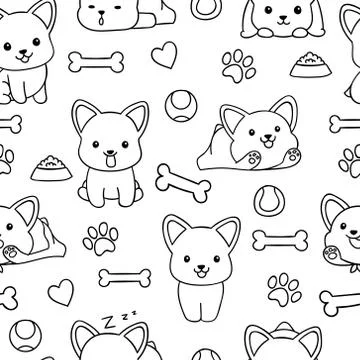 Seamless pattern, black and white cute hand drawn dog doodle, coloring pages Illustrazione stock
