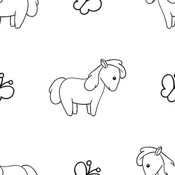 Seamless pattern, black and white cute hand drawn horse doodle, coloring page Stock Illustration