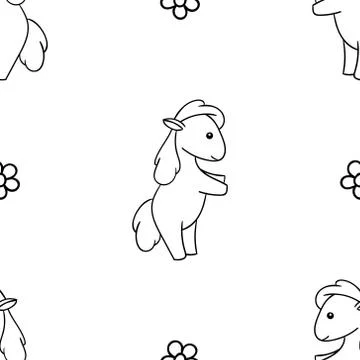 Seamless pattern, black and white cute hand drawn horse doodle, coloring page Stock Illustration