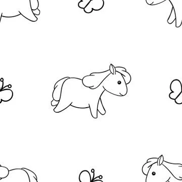 Seamless pattern, black and white cute hand drawn horse doodle, coloring page Stock Illustration