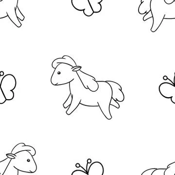 Seamless pattern, black and white cute hand drawn horse doodle, coloring page Stock Illustration