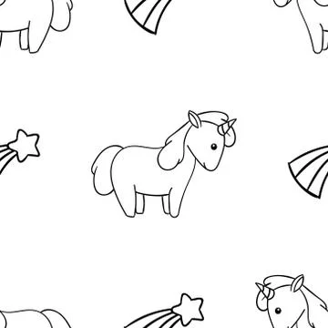 Seamless pattern, black and white cute hand drawn unicorn doodle, coloring pa Stock Illustration