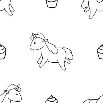 Seamless pattern, black and white cute hand drawn unicorn doodle, coloring pa Stock Illustration