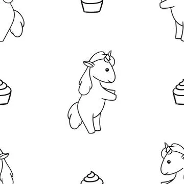 Seamless pattern, black and white cute hand drawn unicorn doodle, coloring pa Stock Illustration