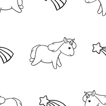 Seamless pattern, black and white cute hand drawn unicorn doodle, coloring pa Stock Illustration