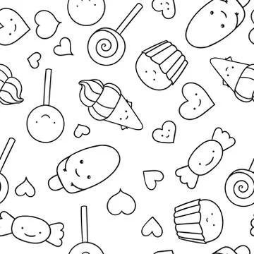 Seamless pattern, black and white cute hand drawn sweet doodle, coloring pages Stock Illustration