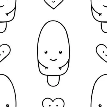 Seamless pattern, black and white cute hand drawn ice cream doodle, coloring Stock Illustration