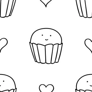 Seamless pattern, black and white cute hand drawn cupcake doodle, coloring pages Stock Illustration