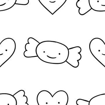 Seamless pattern, black and white cute hand drawn candy doodle, coloring pages Stock Illustration