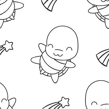 Seamless pattern, black and white cute hand drawn turtle doodle, coloring pag 스톡 일러스트
