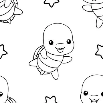 Seamless pattern, black and white cute hand drawn turtle doodle, coloring pag Stock Illustration
