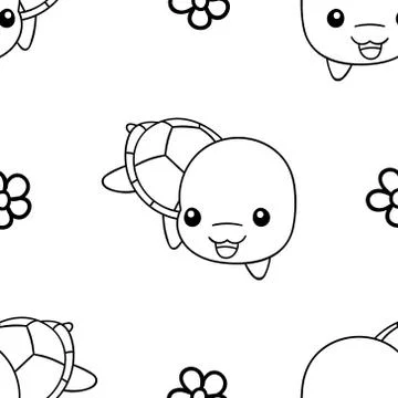 Seamless pattern, black and white cute hand drawn turtle doodle, coloring pag Stock Illustration