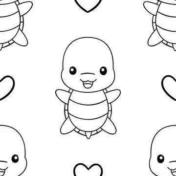 Seamless pattern, black and white cute hand drawn turtle doodle, coloring pag Stock Illustration