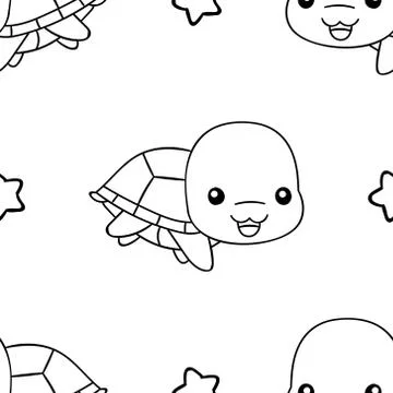 Seamless pattern, black and white cute hand drawn turtle doodle, coloring pag Stock Illustration