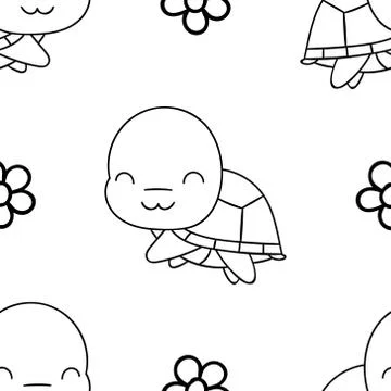 Seamless pattern, black and white cute hand drawn turtle doodle, coloring pag Stock Illustration
